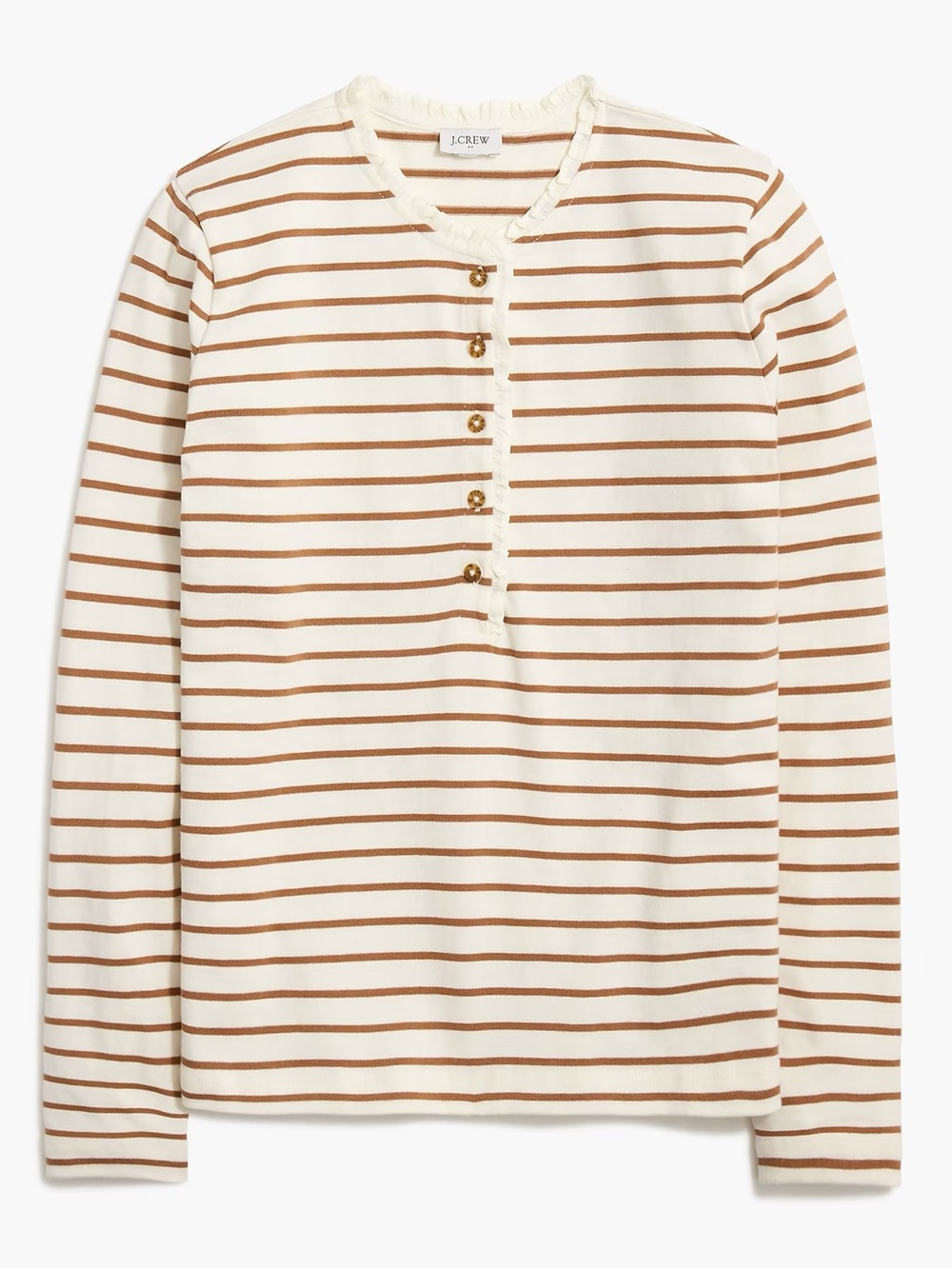 J.Crew Ruffle Collar Henley Ivory Warm Brandy Brown 100% Cotton